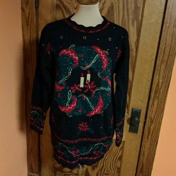 Vtg 90s oversized Christmas Wreath Glittery Sweater - Picture 4 of 13